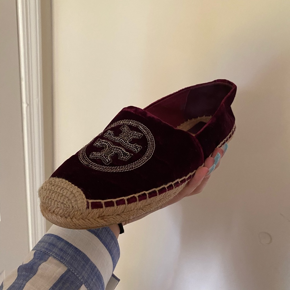 Tory Burch burgundy velvet espadrilles